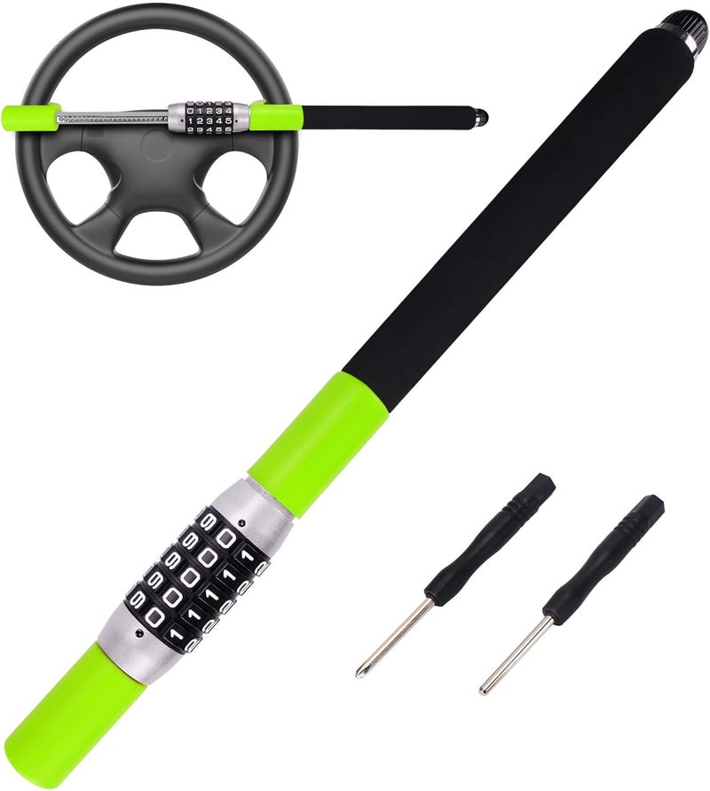 Tevlaphee Steering Wheel Lock, Car Lock Anti Theft Keyless Extendable Retractable Password 5 Coded Combination Lock, Heavy Duty Universal Fit (Green) - Image 1